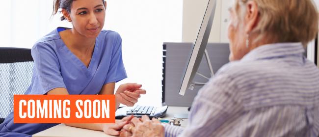 Doctor and patient in an appointment, with 'coming soon' banner in bottom left corner